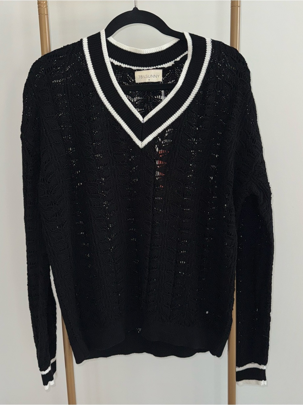 78&Sunny Black V-Neck Sweater with White Trim